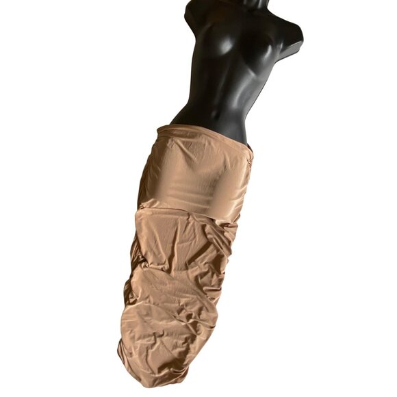 Ruched Slinky Midi Skirt Caramel Brown Size Tall 14 Sexy Bodycon Tight Stretch - Picture 2 of 4